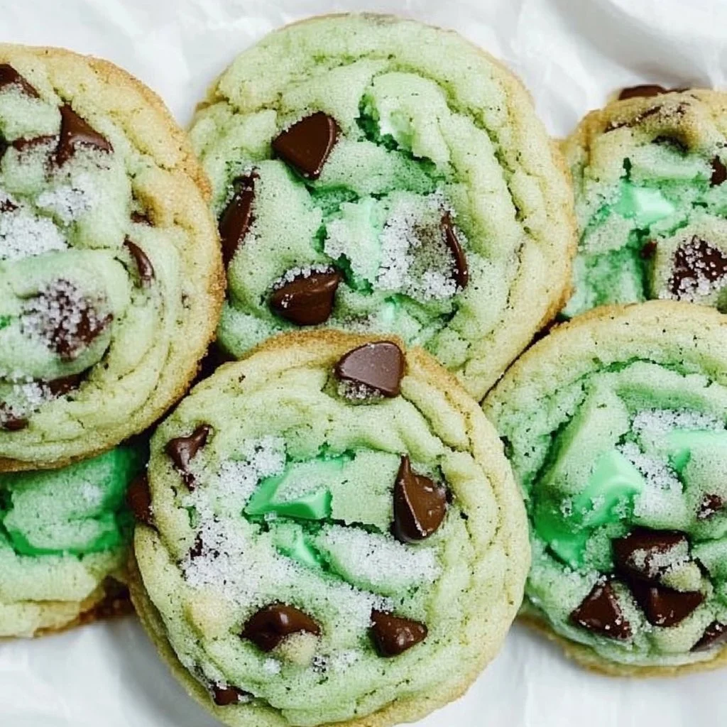 Freshly baked Mint Chocolate Chip Cookies on a cooling rack