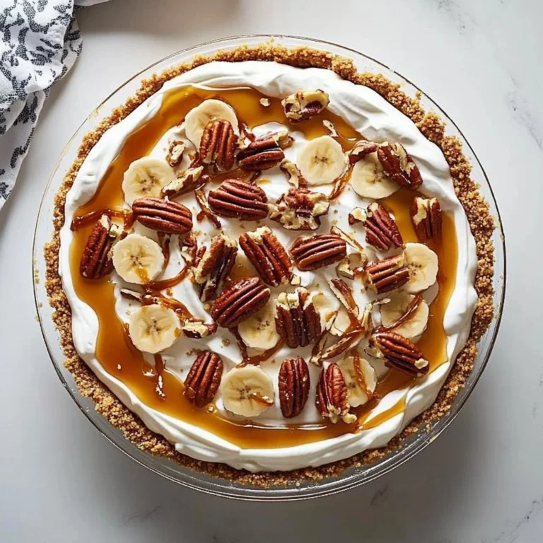 No-bake banana caramel pecan pie with nuts and caramel drizzle