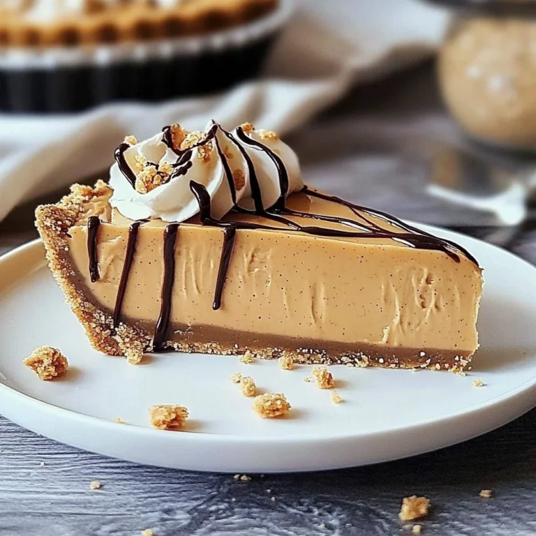 No bake peanut butter pie with graham cracker crust served on a dessert plate