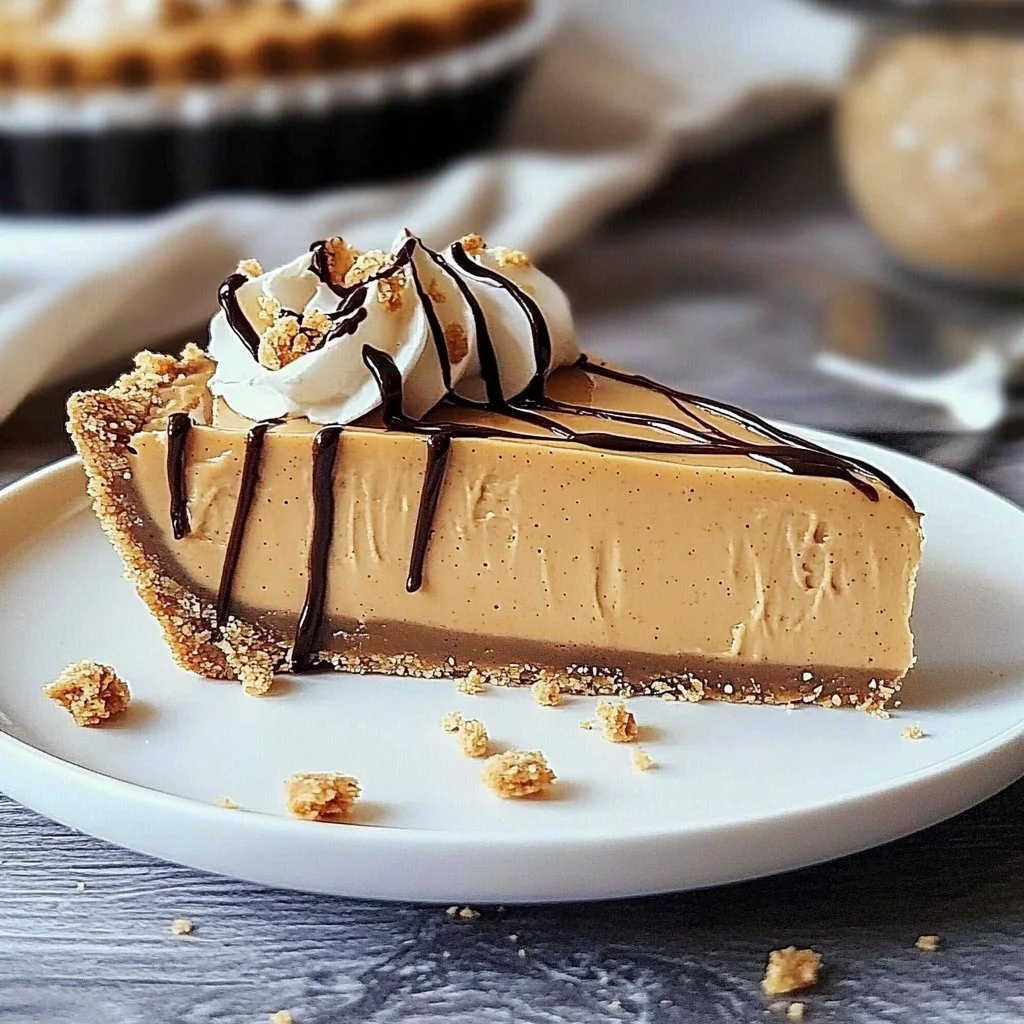 No bake peanut butter pie with graham cracker crust served on a dessert plate