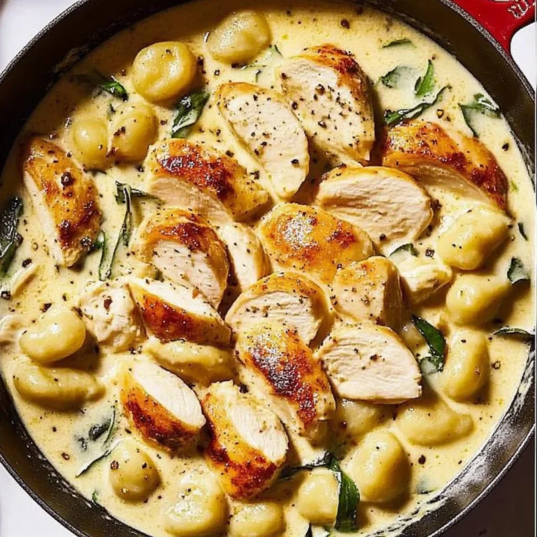 One-pan creamy chicken and gnocchi meal in a skillet with fresh herbs