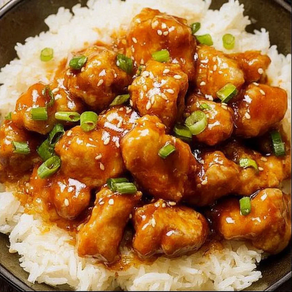 Delicious dish of Orange Chicken served with rice and vegetables