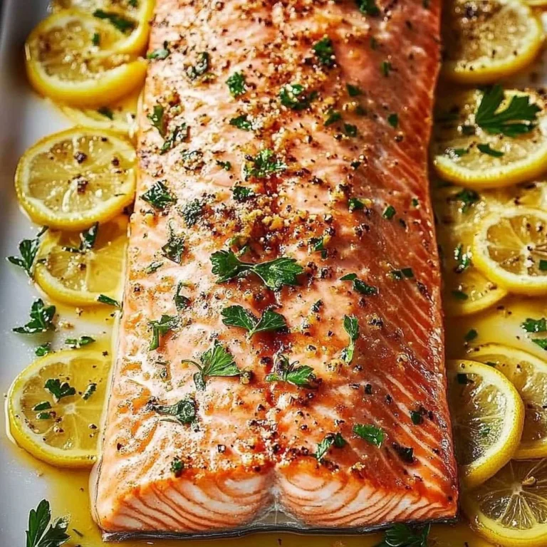 Delicious oven-baked salmon served with fresh herbs and lemon slices.