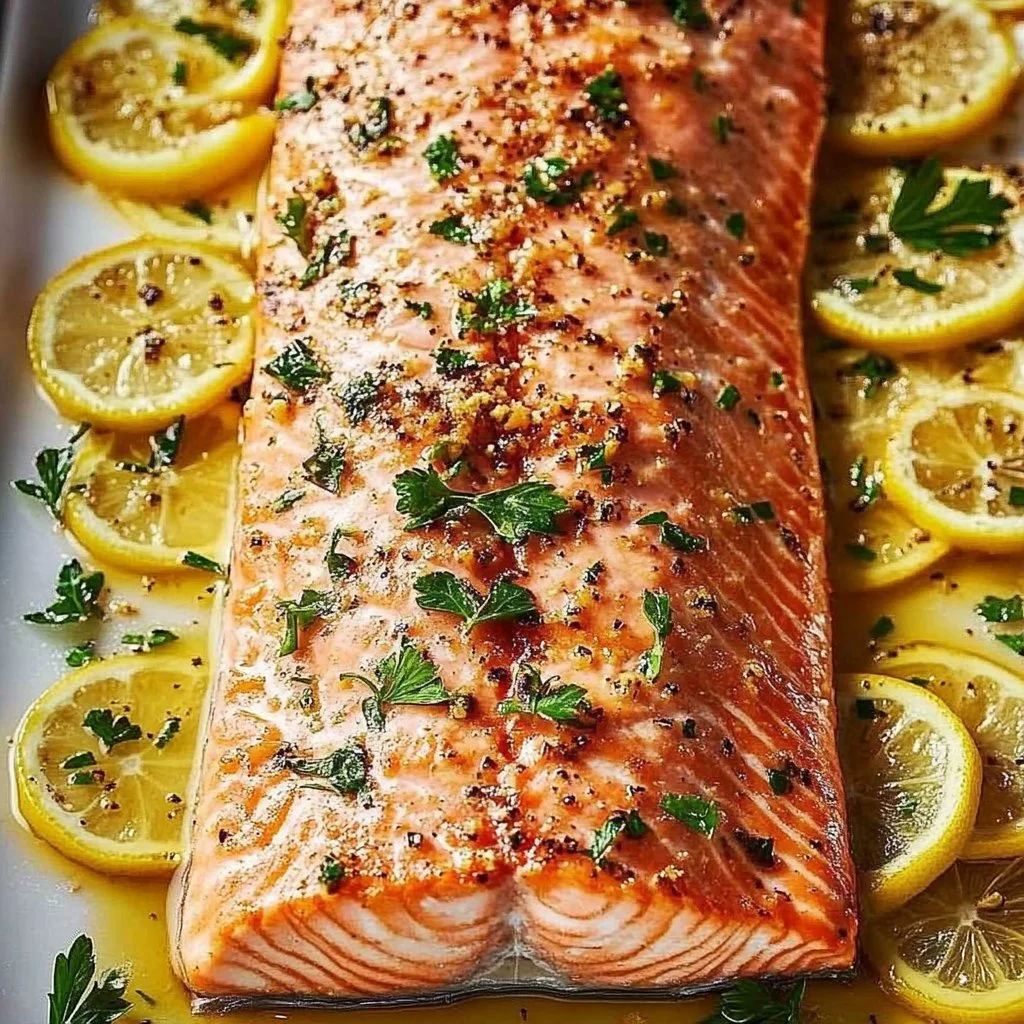 Delicious oven-baked salmon served with fresh herbs and lemon slices.