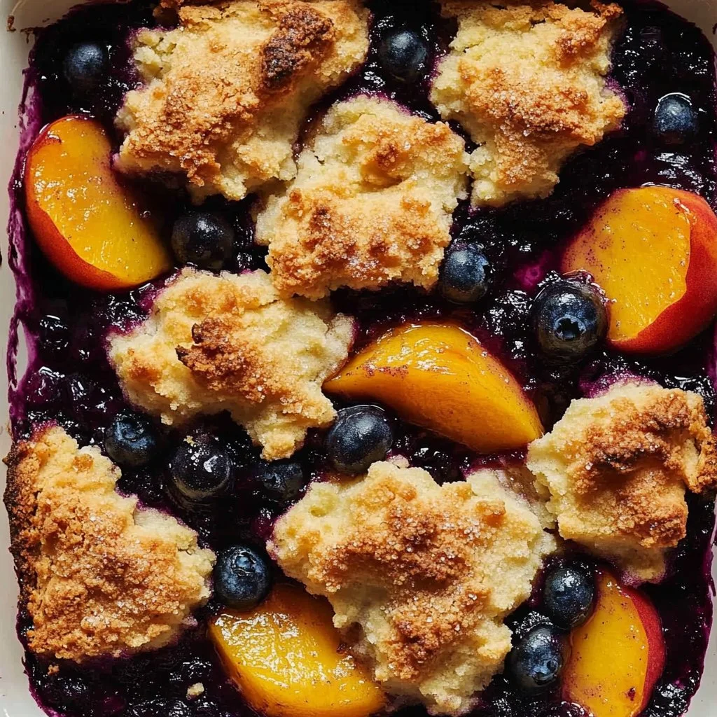 Delicious Peach Blueberry Cobbler fresh from the oven, topped with golden crust.
