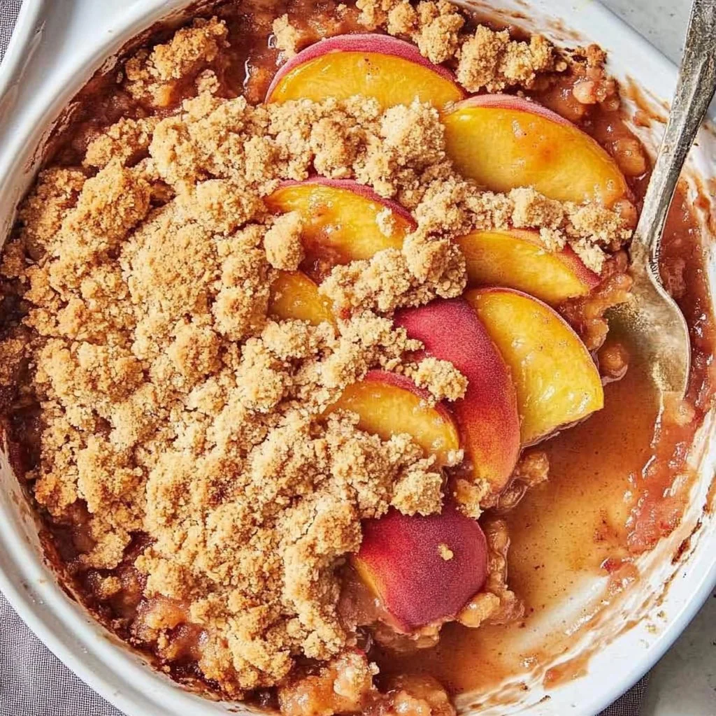 Delicious peach crumble dessert with a golden topping and fresh peach slices