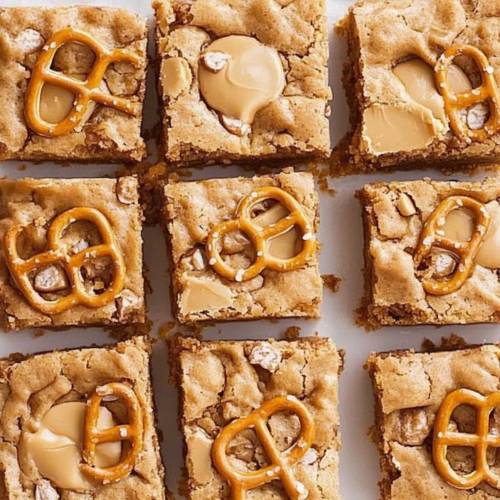 Delicious peanut butter pretzel butterscotch blondies cut into squares
