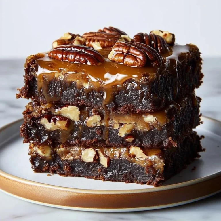 Delicious pecan pie brownies drizzled with caramel sauce on a plate.