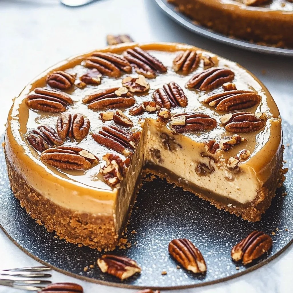 Delicious slice of pecan pie cheesecake topped with pecans and caramel