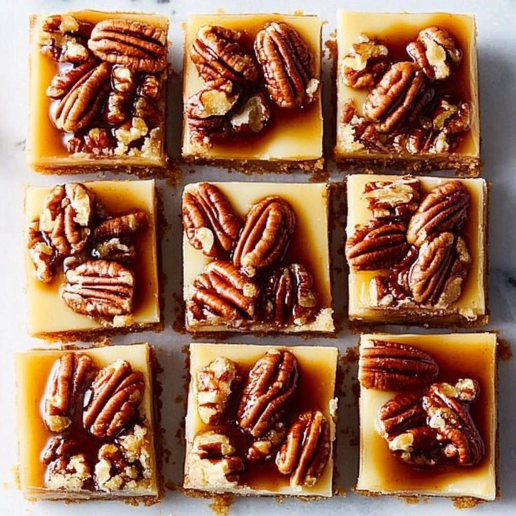 Delicious pecan pie cheesecake bars topped with pecans and caramel.