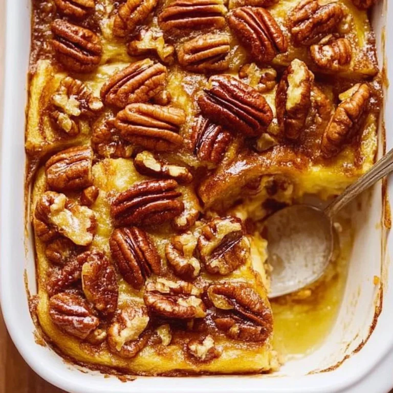 Delicious Pecan Pie French Toast Casserole topped with pecans and syrup