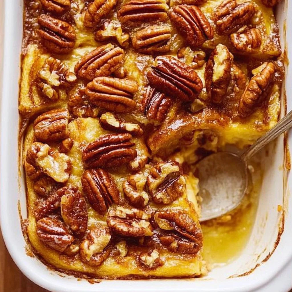 Delicious Pecan Pie French Toast Casserole topped with pecans and syrup
