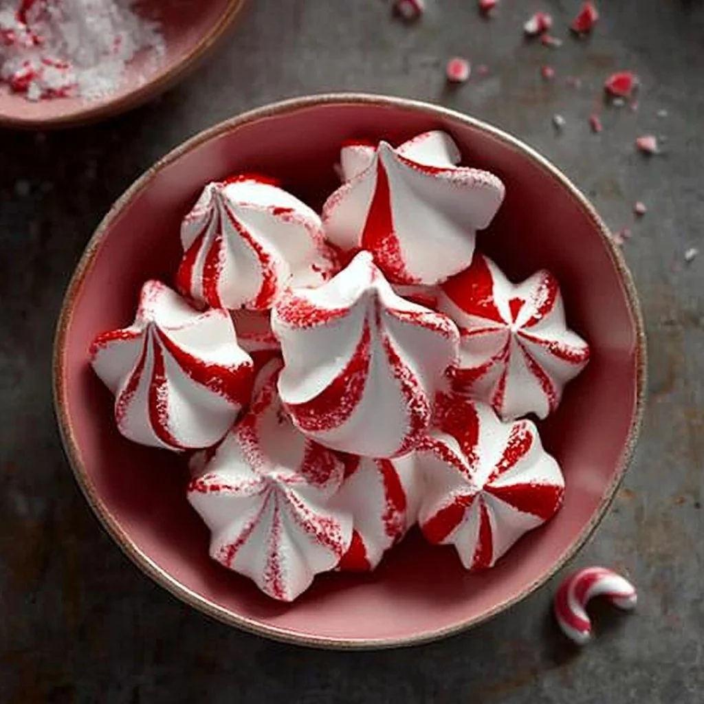 Peppermint meringue cookies topped with crushed candy canes