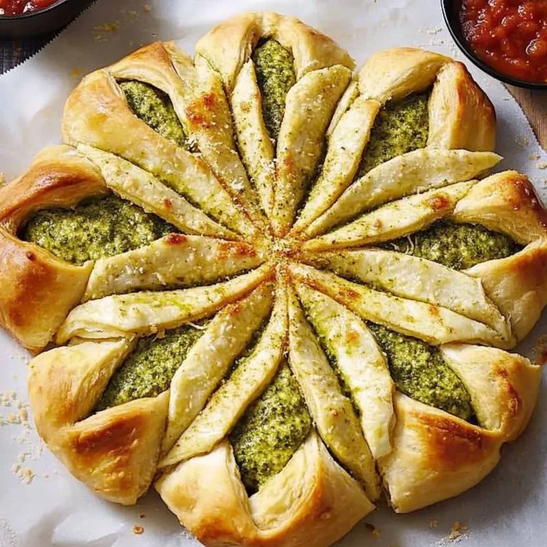 Pesto pizza stuffed star bread topped with fresh ingredients, ready to serve.