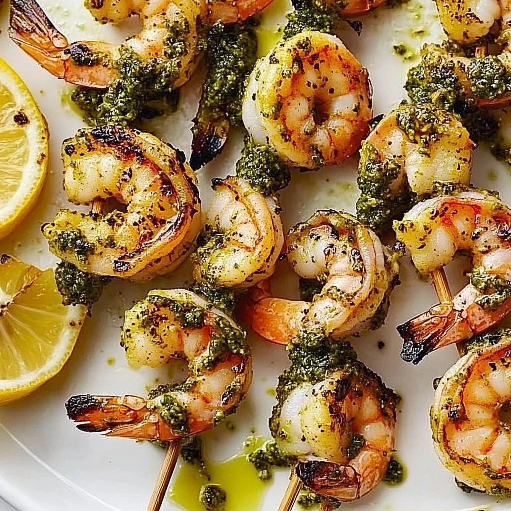 Pesto shrimp skewers grilled to perfection with vibrant green pesto sauce