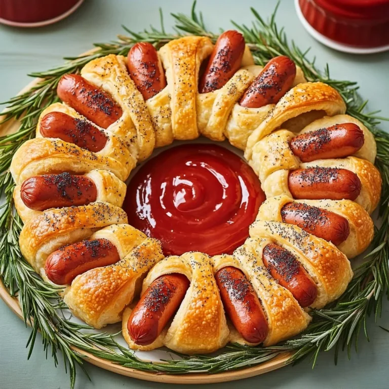 Festively arranged pigs in a blanket wreath for party appetizers