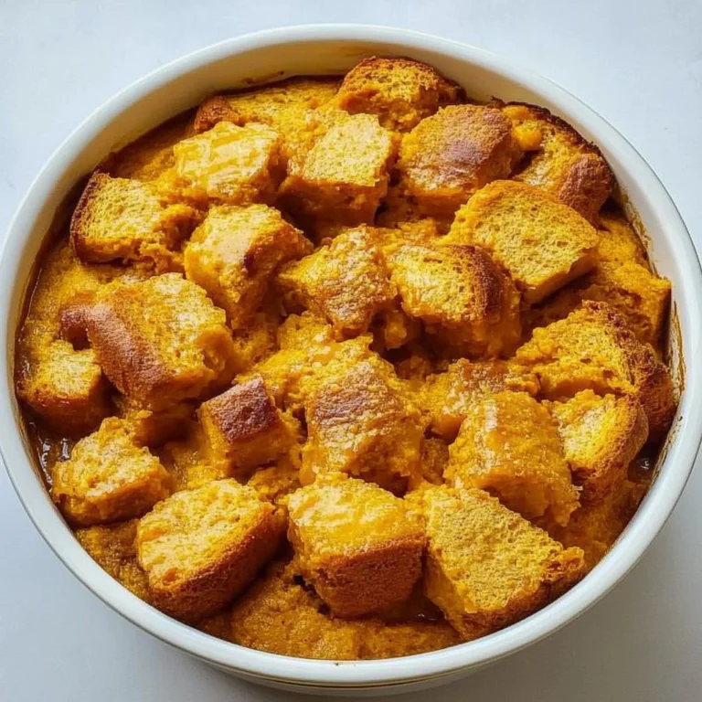 Delicious homemade pumpkin bread pudding with spices and whipped cream
