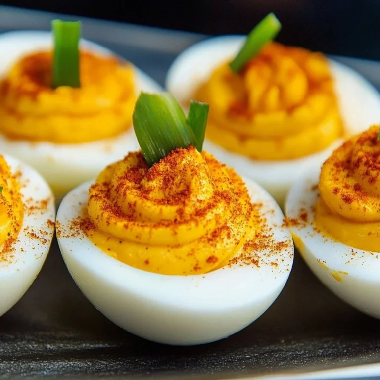 Delicious and festive pumpkin deviled eggs garnished with herbs.