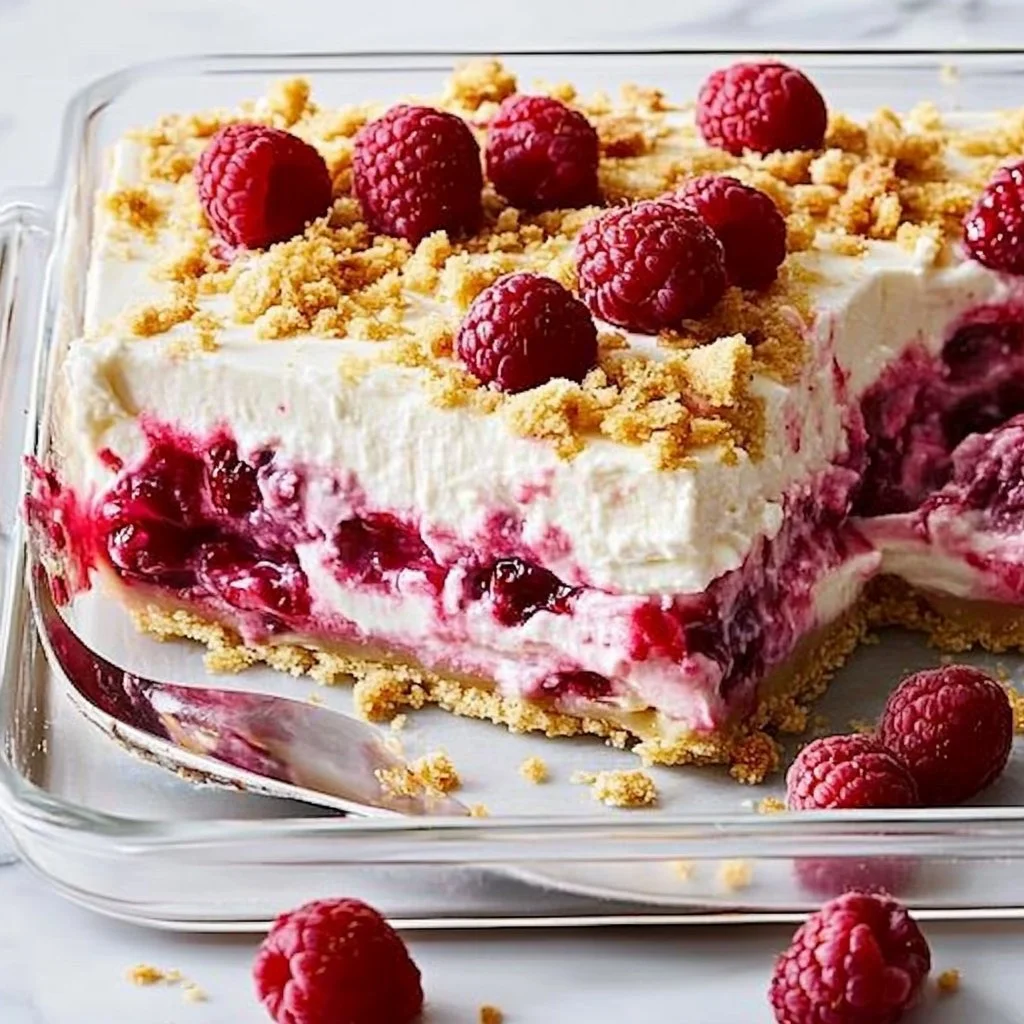 Delicious Raspberry Cheesecake Lasagna layered with creamy cheesecake and fresh raspberries
