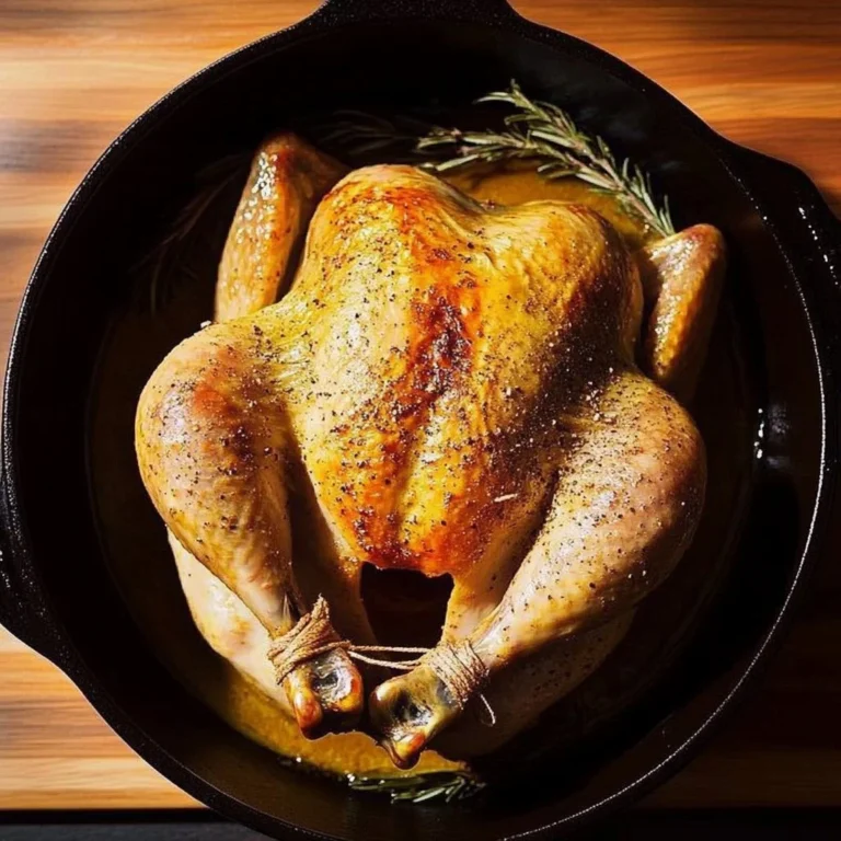 Golden brown roast chicken served with herbs and vegetables.