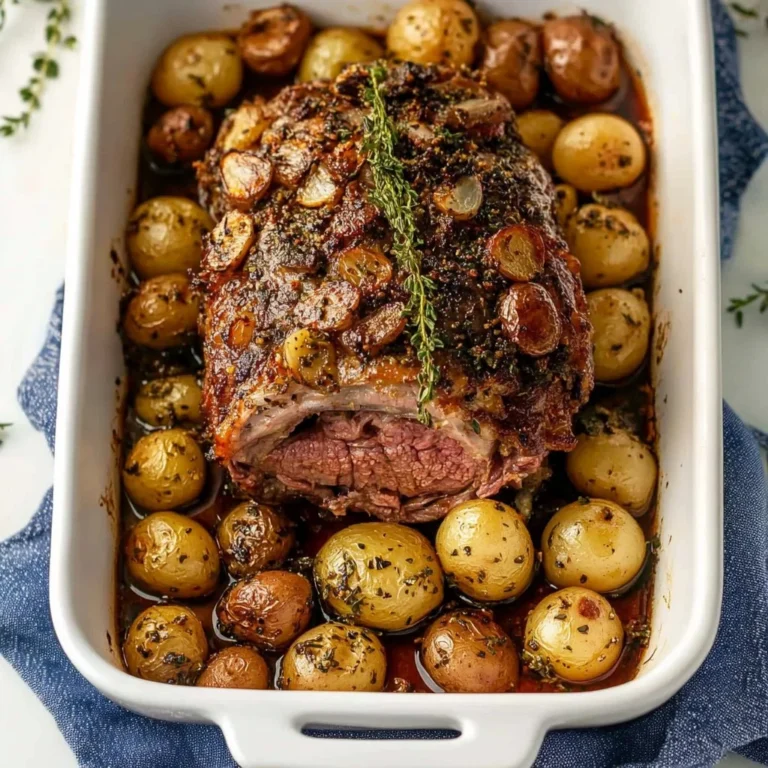A succulent roast lamb dish garnished with herbs and served with sides
