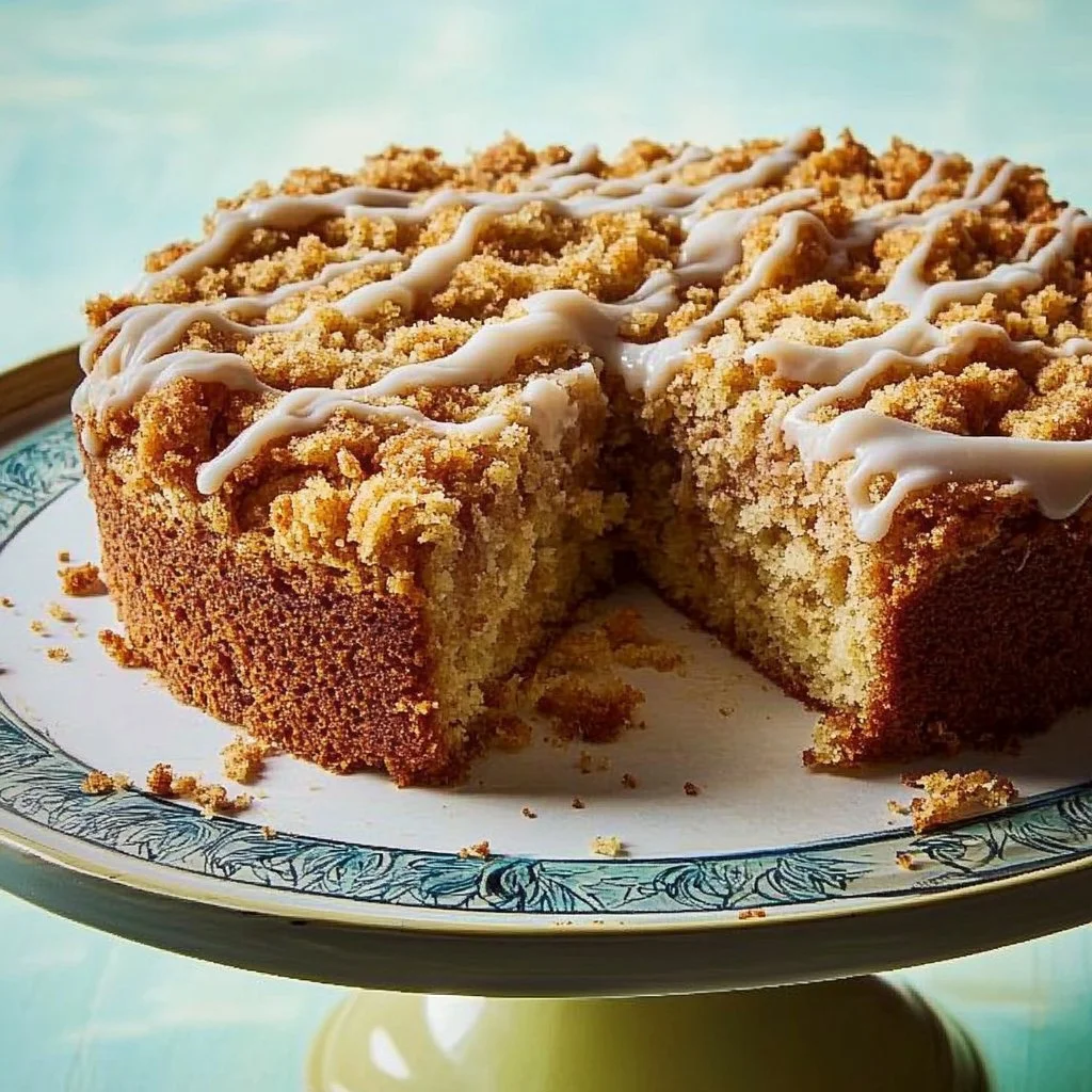 Delicious rum crumb cake with a rich texture and crumbly topping.