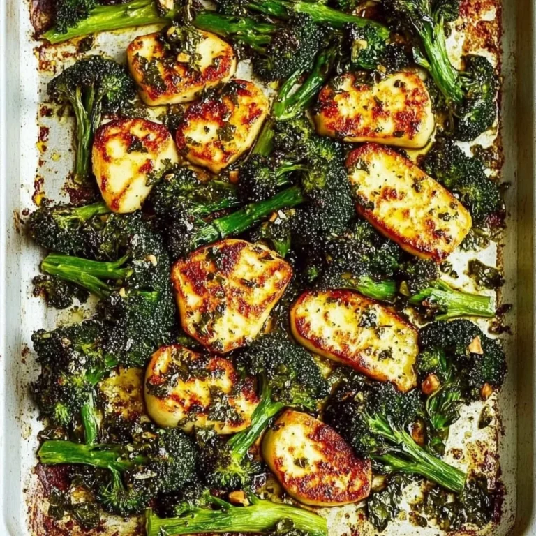 Sheet pan roasted halloumi and broccolini ready to serve