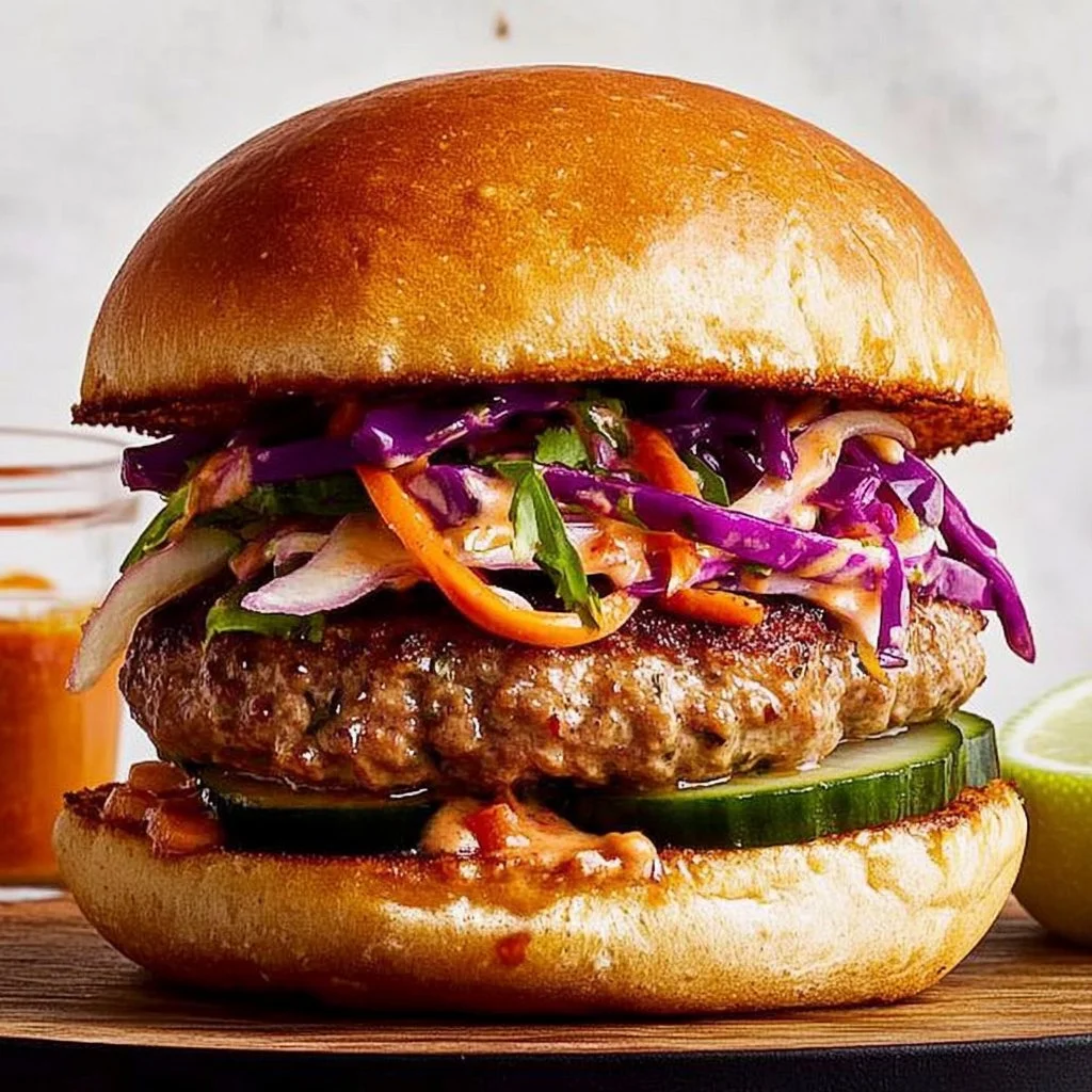 Spicy turkey burger with pickled vegetables and cabbage slaw on a plate
