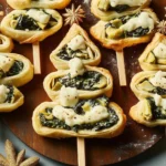Festive spinach-artichoke skewers arranged in a Christmas tree shape