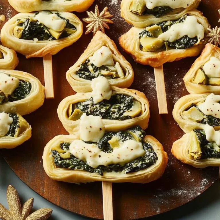 Festive spinach-artichoke skewers arranged in a Christmas tree shape