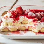 Strawberries and Cream Tiramisu dessert with a fresh strawberry garnish