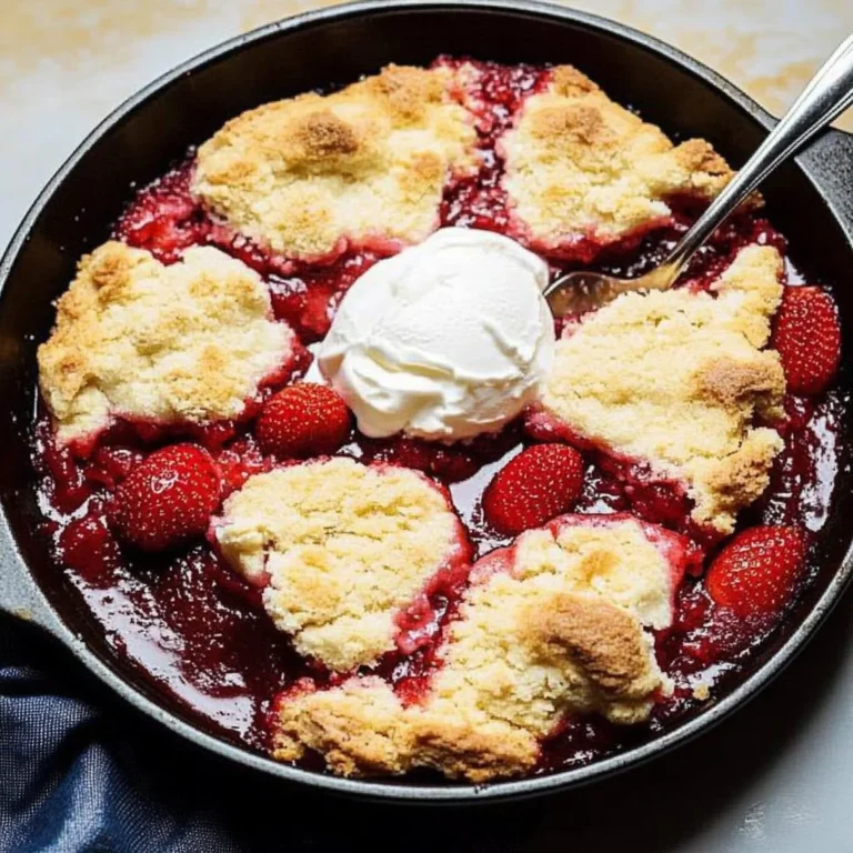 Homemade strawberry cobbler with fresh strawberries and golden topping