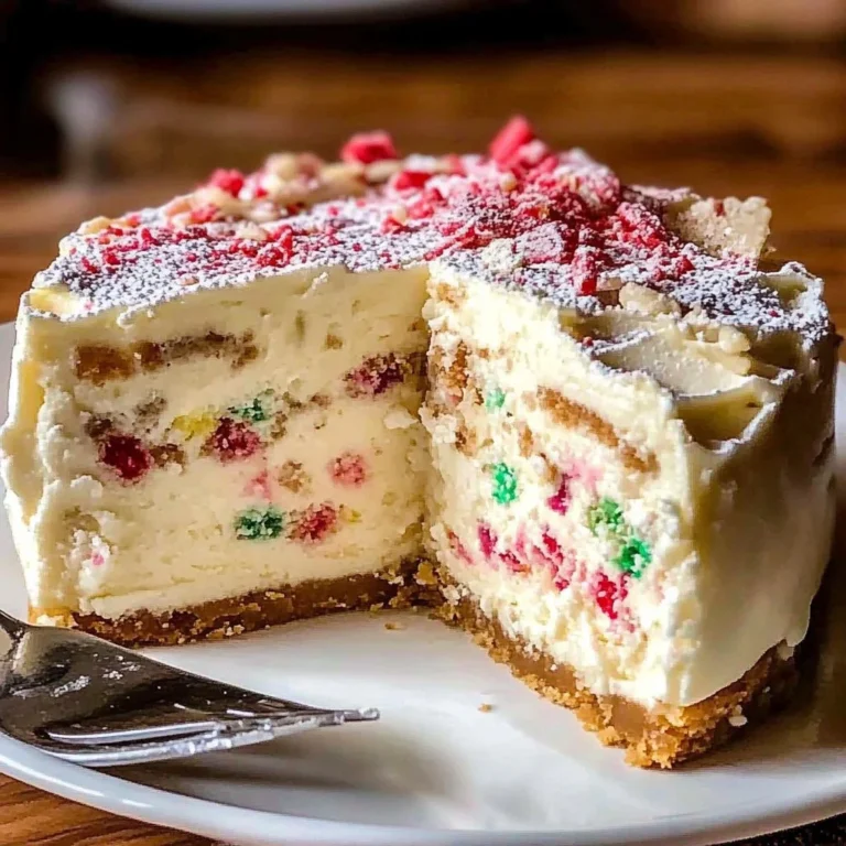 Delicious sugar cookie cheesecake topped with colorful sprinkles and a cookie crust.