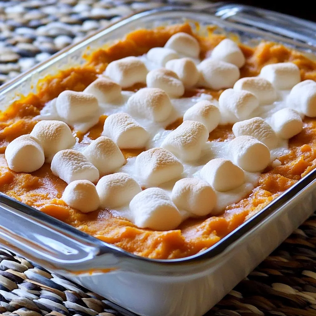 Delicious sweet potato casserole topped with marshmallows and pecans.