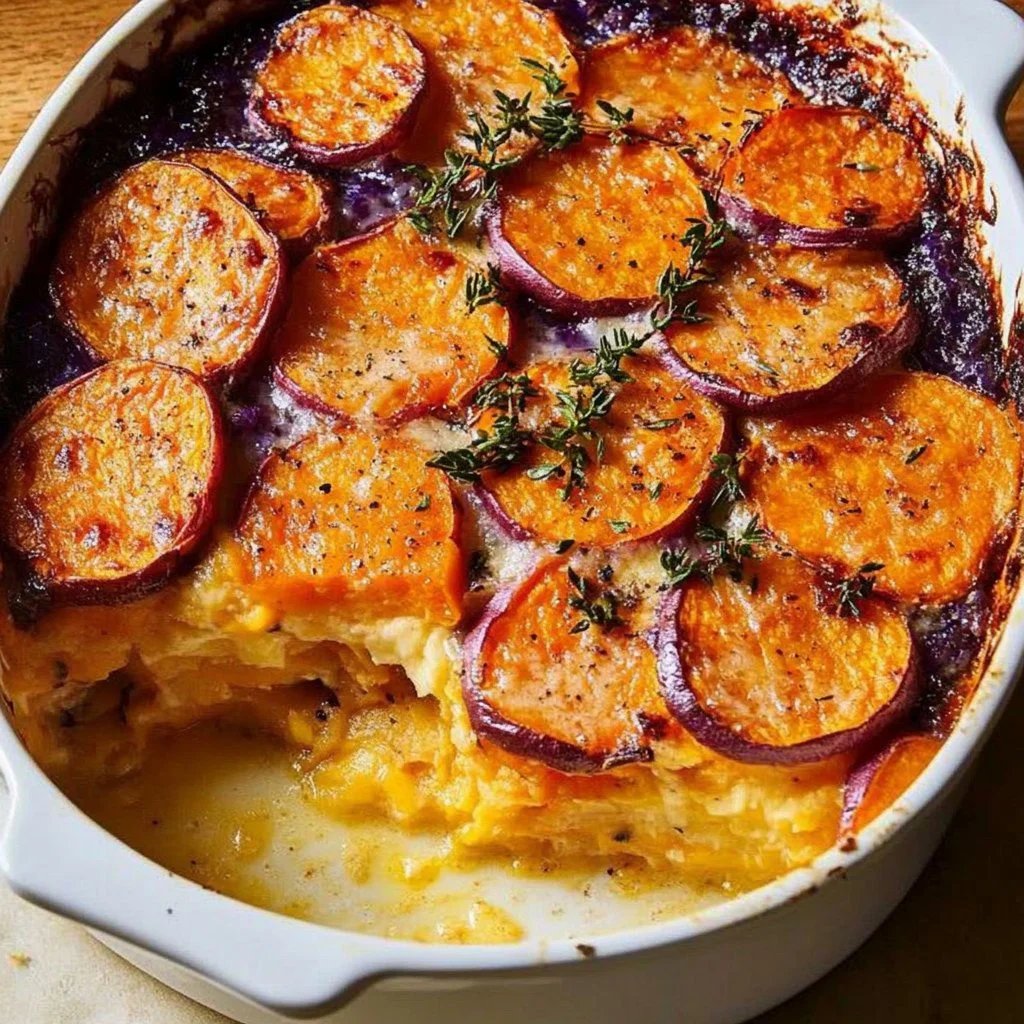 Delicious sweet potato gratin topped with cheese and herbs