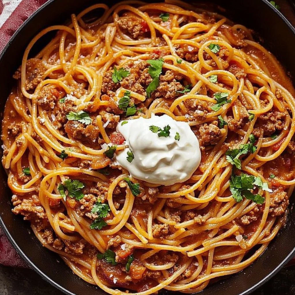 A plate of Taco Spaghetti featuring pasta, cheese, and taco toppings.