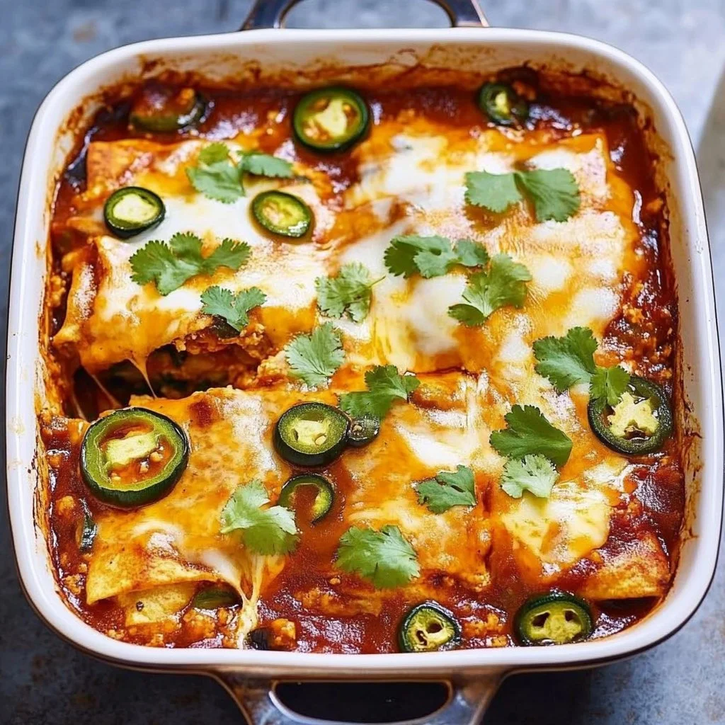 Turkey Zucchini Enchilada Casserole in a baking dish topped with cheese