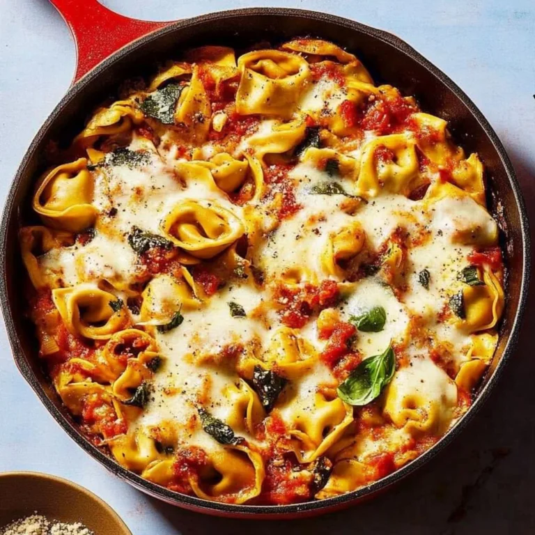 Delicious Tuscan Tortellini Skillet Bake topped with herbs and cheese