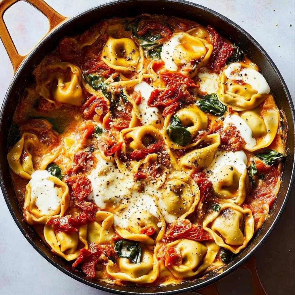 Delicious Tuscan tortellini skillet bake with cheese and herbs