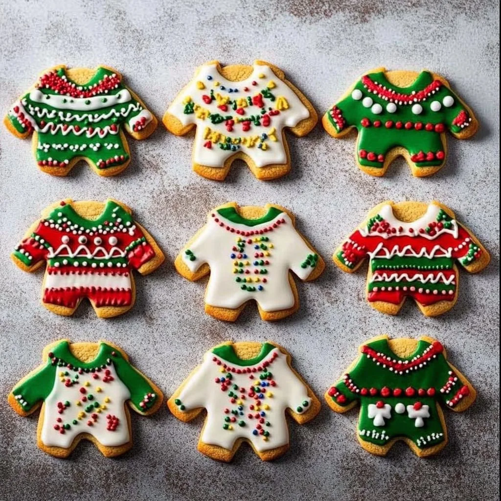 Colorful ugly sweater cookies decorated for holiday fun