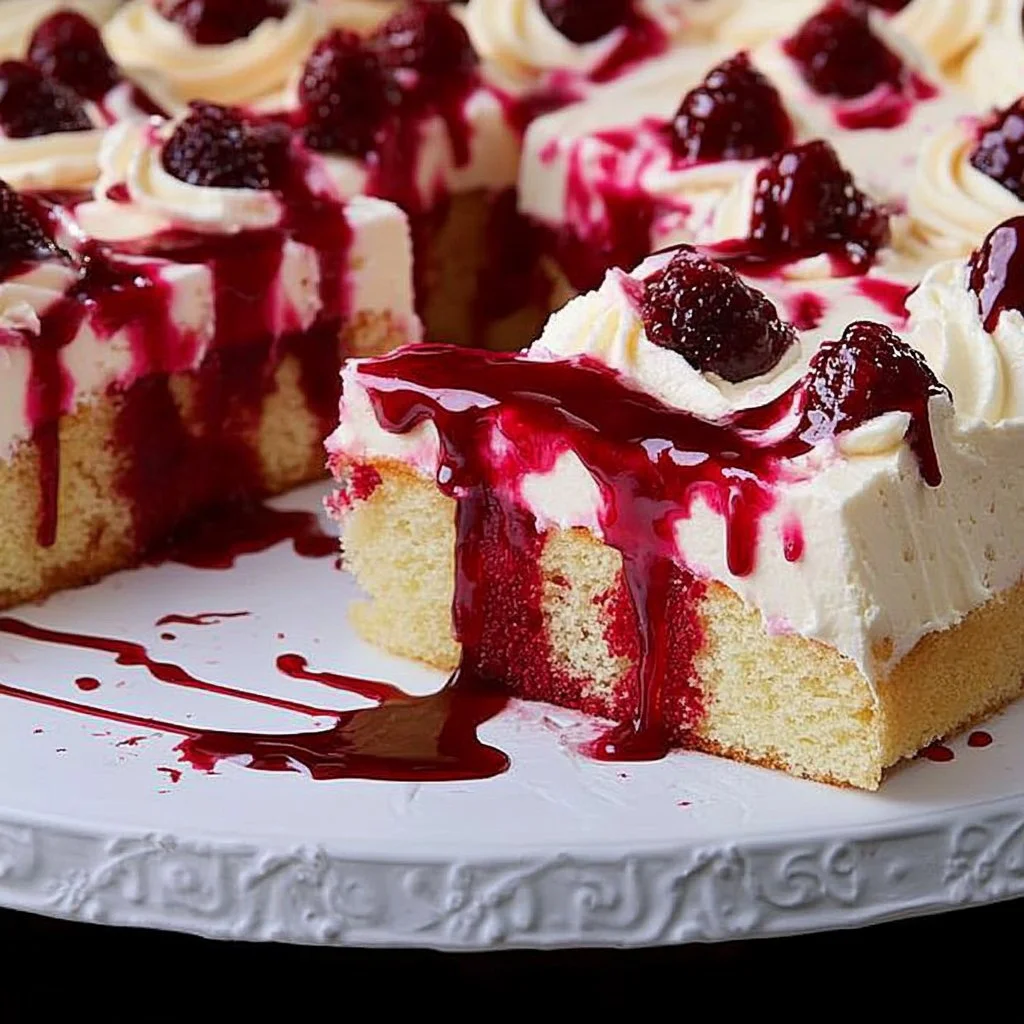 Vampire Poke Cake decorated with blood-red filling and spooky toppings