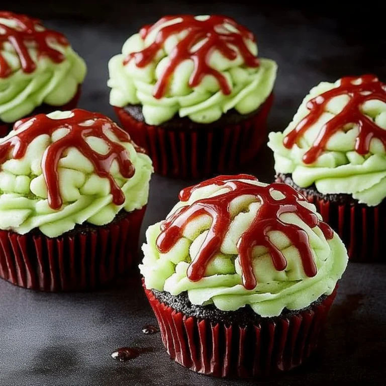 Zombie Brain Cupcakes decorated for Halloween with a spooky design