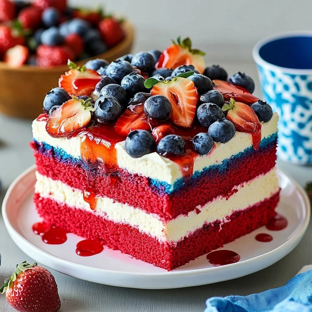 Delicious 4th of July Patriotic Poke Cake topped with red, white, and blue decorations