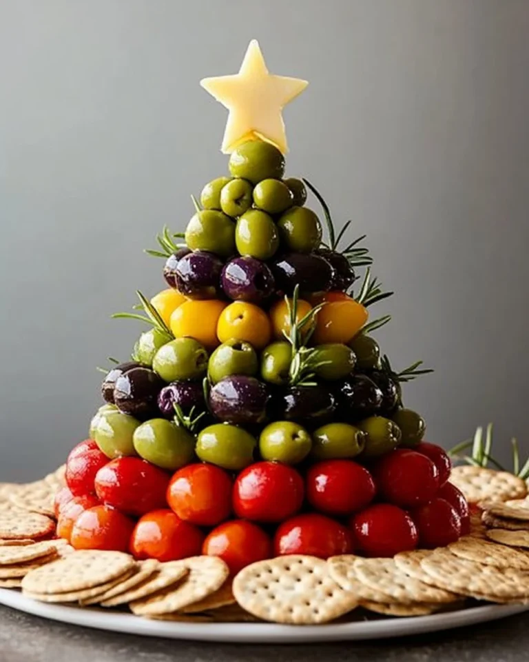 Antipasto Christmas Tree Cheese Ball decorated with herbs and olives