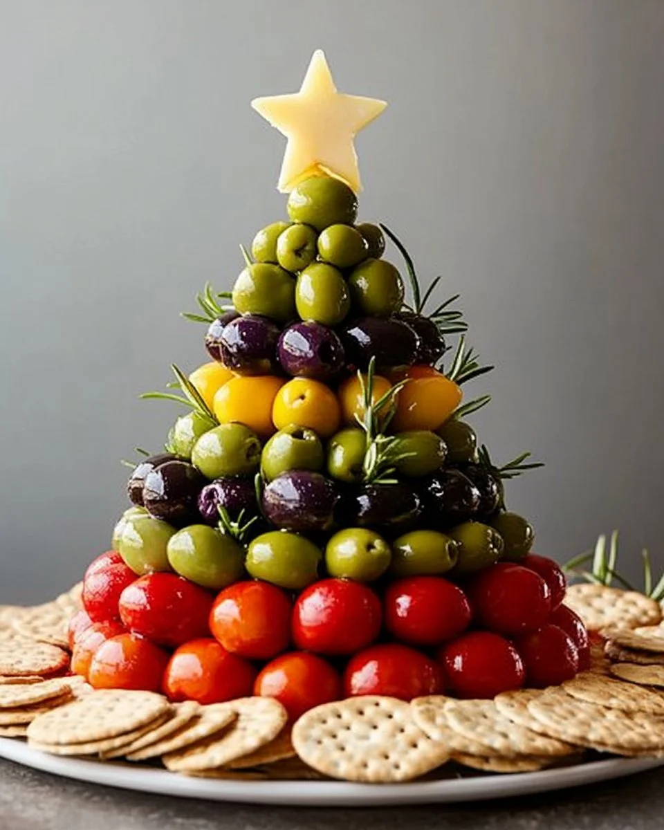 Antipasto Christmas Tree Cheese Ball decorated with herbs and olives