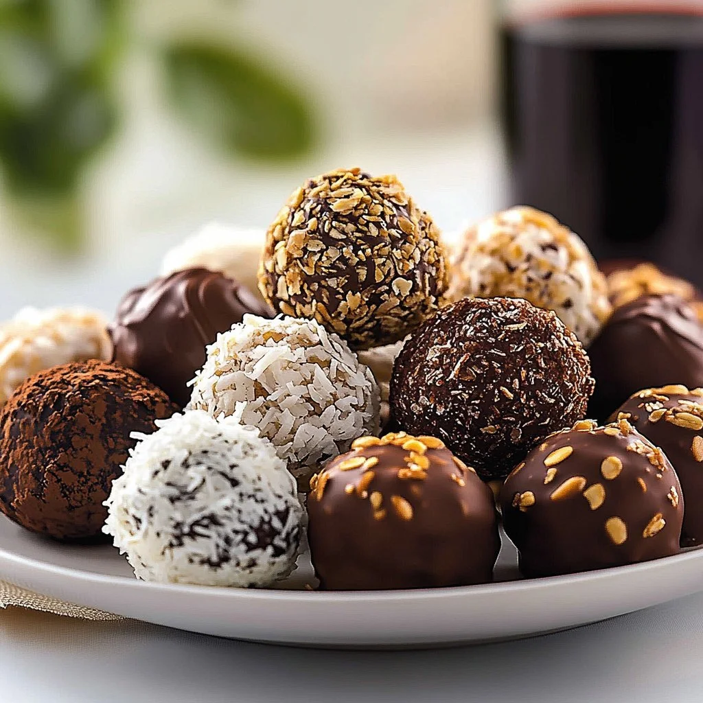 Assorted no-bake holiday truffle bites arranged on a festive platter
