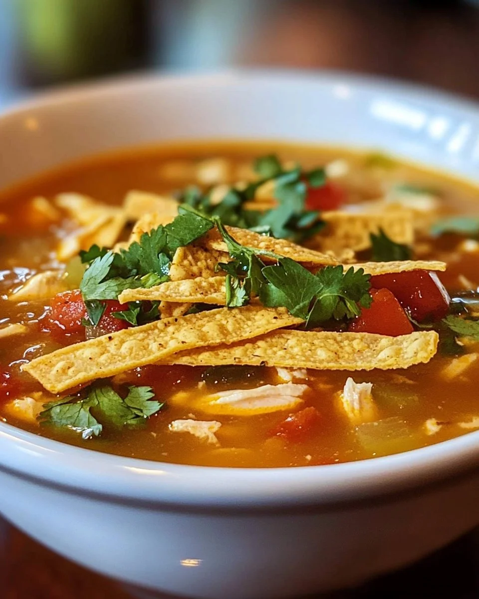 Bowl of authentic chicken tortilla soup with fresh toppings and lime wedges.