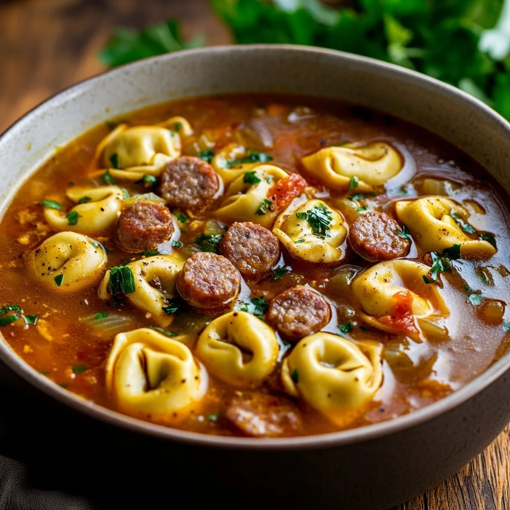 Bowl of Autumn Sausage Tortellini Soup with herbs and spices