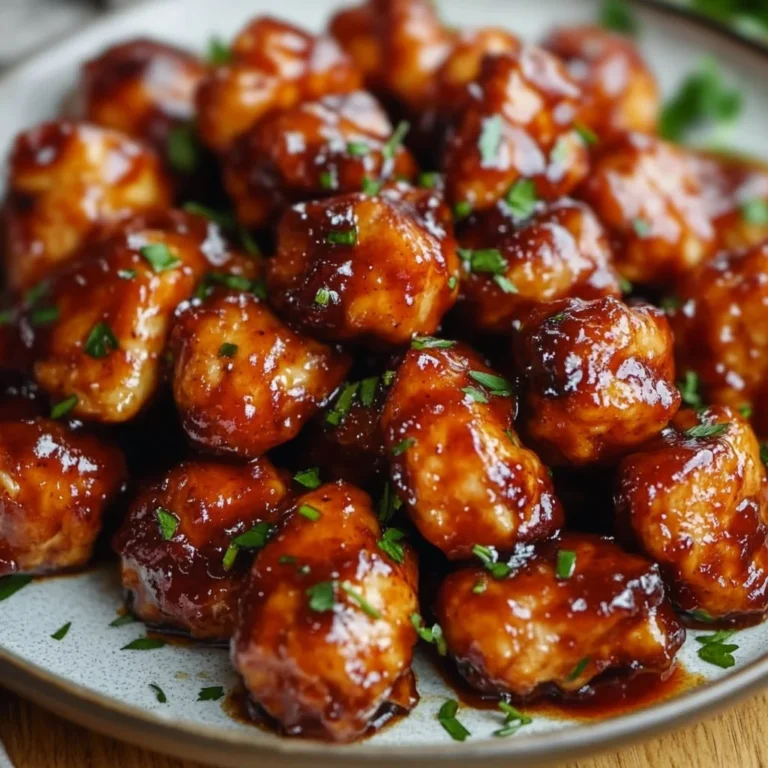 Baked honey BBQ chicken bites served on a platter with dipping sauce.