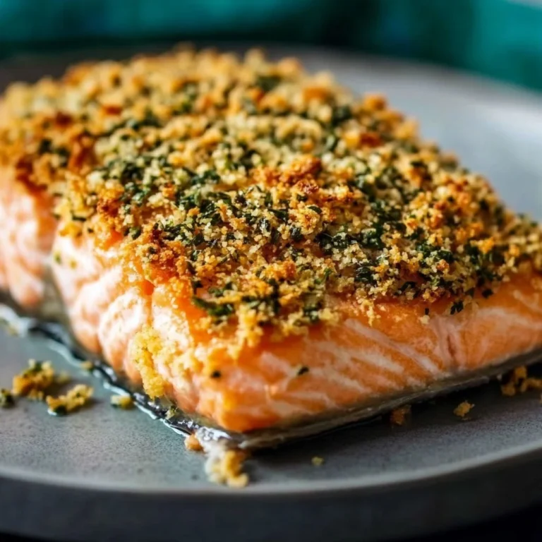 Baked salmon fillet garnished with dill and mustard sauce on a plate.